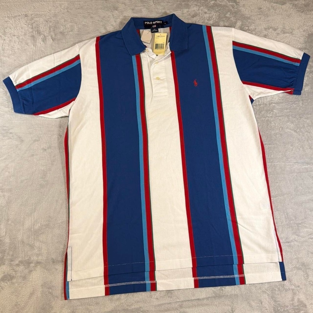 NWT 90s Vintage Polo Sport Ralph Lauren Striped Polo Shirt | Blue/White | L